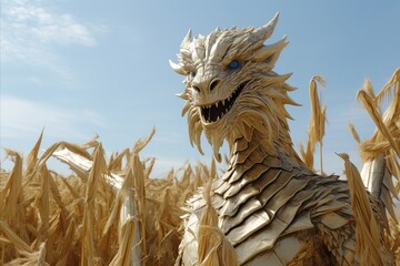A dragon stands in a corn field, a surreal sculpture in the sky