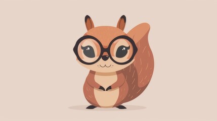 Illustration in flat style, A cute little squirrel wearing glasses posed against a studio background