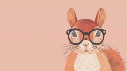 Illustration in flat style, A cute little squirrel wearing glasses posed against a studio background