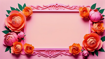 Pink orange rose peony flowers frame, women's day concept, copy space, isolated on background, paper cut style