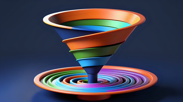 Colorful 3d model funnel flow, 5 layers, levitating, on dark blue background