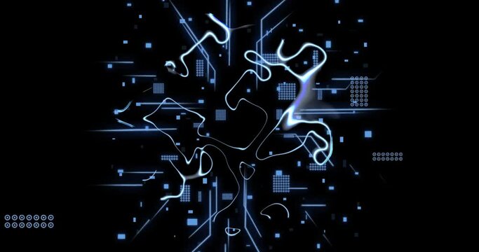 Animation of digital data processing over circuit board on black background