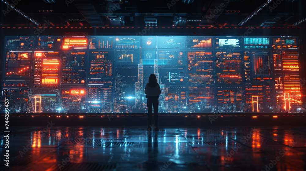 Poster a futuristic trading floor with holographic screens and projections showing realtime data and analyt