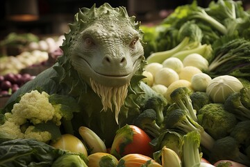 A lizard is perched on a pile of leafy vegetables, surrounded by natural foods