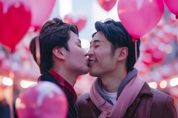 男性同士でキス・ハグをしている日本人男性（恋人・LGBTQ・ゲイ）