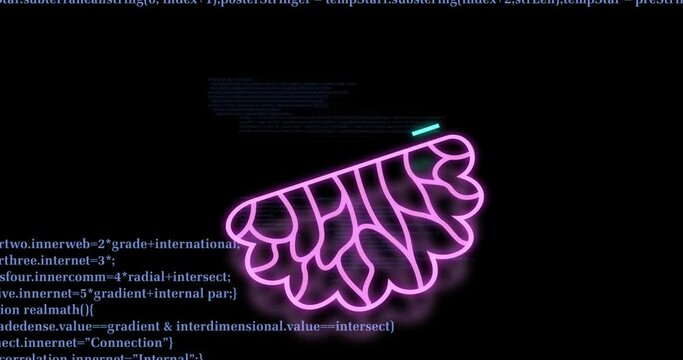 Animation of digital data processing and with ai brain on black background