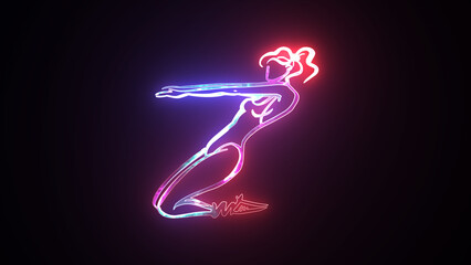 Neon silhouettes of woman yoga poses isolated on black background. Women practice meditation and stretching. Yoga complex. Healthy lifestyle concept