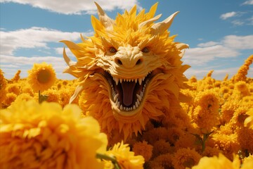 A happy yellow dragon stands in a sunflower field under a blue sky