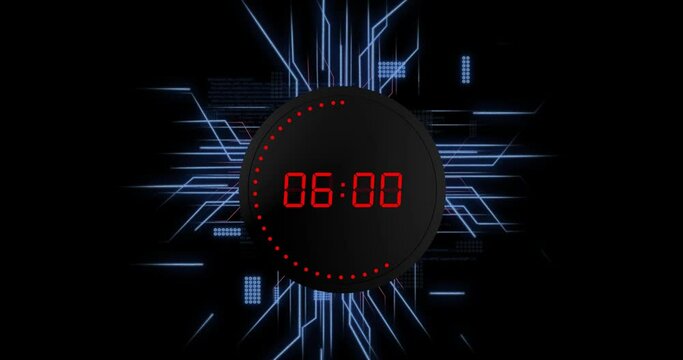 Animation of digital data processing with countdown over circuit board on black background