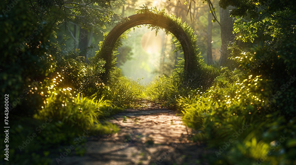Poster 3d render of a portal on a serene overgrown path in a minimalist sunlit forest