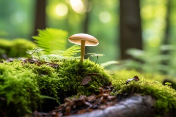 A tiny mushroom sprouts from a mosscovered log in the woods