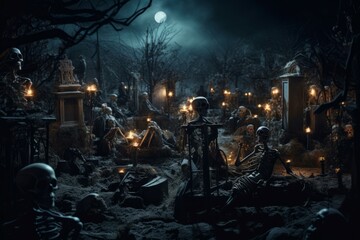 Skeletons cemetery risen. Spooky dead. Generate Ai