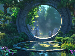 3d render of a portal opening in the center of a serene circular pond garden