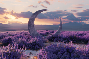 3d render of a portal shaped like a crescent moon in a sparse lavender field at dusk
