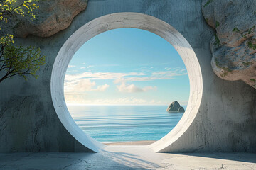 3d render of a portal within a minimalist cave opening overlooking a serene coastal view