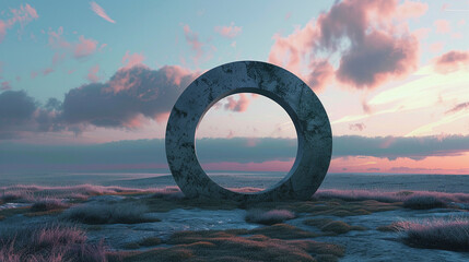 3d render of a portal within a minimalist stone circle on a serene heath under a twilight sky - obrazy, fototapety, plakaty