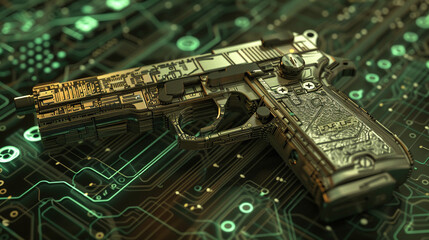 3d render of a quantum encryption hacking device disguised as a handgun