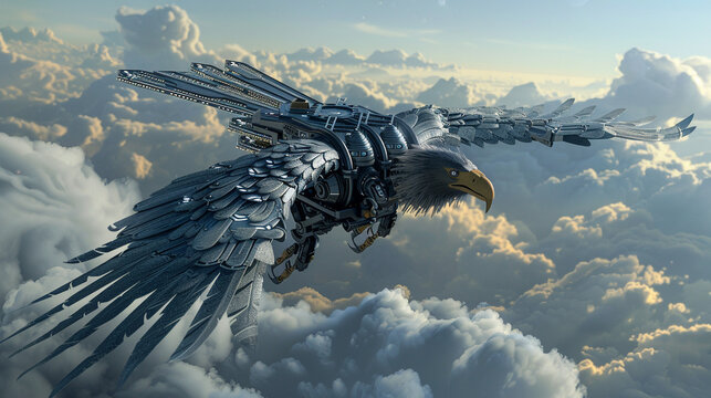 3d render of a robotic eagle soaring above cloud covered high tech mountains