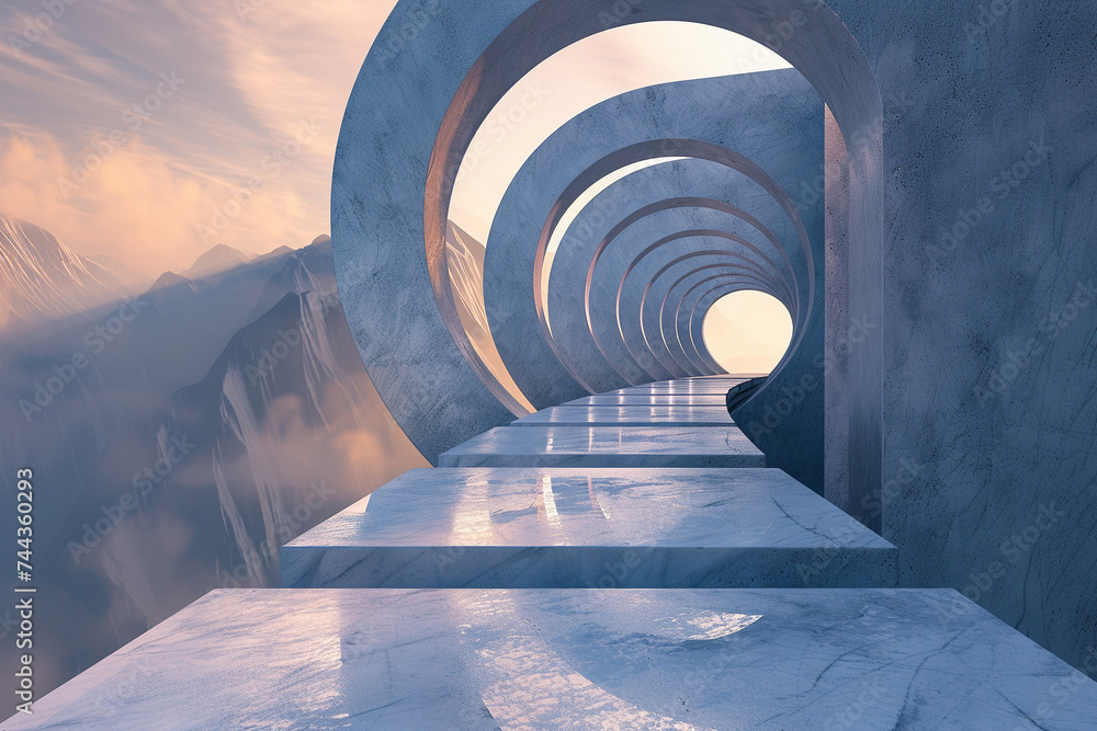 Poster 3d render of a series of minimalist geometric blocks that create a path through an abstract landscap