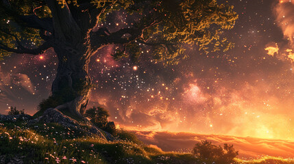 3d render of a serene twilight realm where stars fall gently to the ground planting new worlds