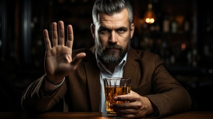 Determined Man with Beard Gesturing Stop Sign While Holding Whiskey Glass - obrazy, fototapety, plakaty