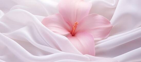 Beautiful pink flower on a bed covered in a soft white sheet. Hotel room decoration concept.