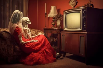  Skeletons watching tv. Mummified creatures sitting couch eating and drinking beverages. Generate AI © juliars