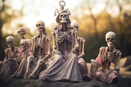 Skeletons cemetery risen. Human skull. Generate Ai