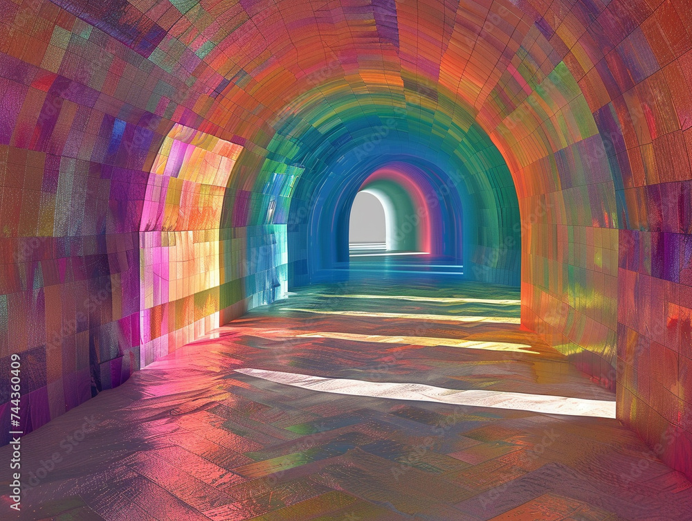 Poster a 3d tunnel with colorful, prismatic walls creating a phase-shifting illusion