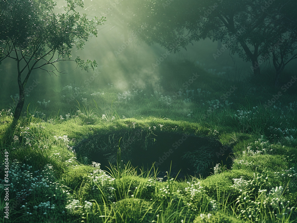 Poster 3d render of a surreal bottomless pit in the middle of a serene meadow glowing with an ethereal ligh