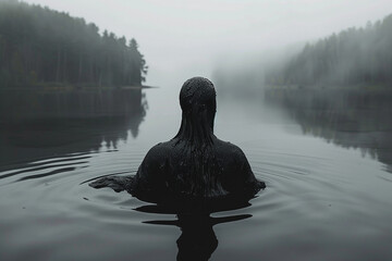 3d render of a tranquil but haunting scene of a dark fluid figure emerging from a still lake - obrazy, fototapety, plakaty