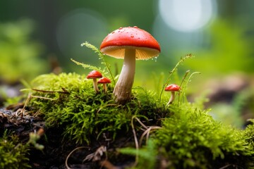 Planting a red mushroom in a bed of moss in a natural wooded area
