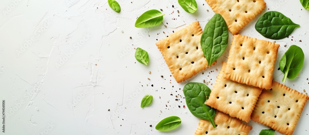 Wall mural aesthetic background of cracked ground with fresh green basil leaves and soft sunlight