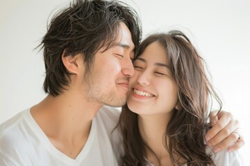 Fototapeta na wymiar 恋人同士でキスやハグをしている日本人カップル（家族・パートナー・事実婚）
