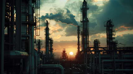 Sunset sky casting warm hues over a complex industrial oil refinery, with detailed pipework and distillation towers.

