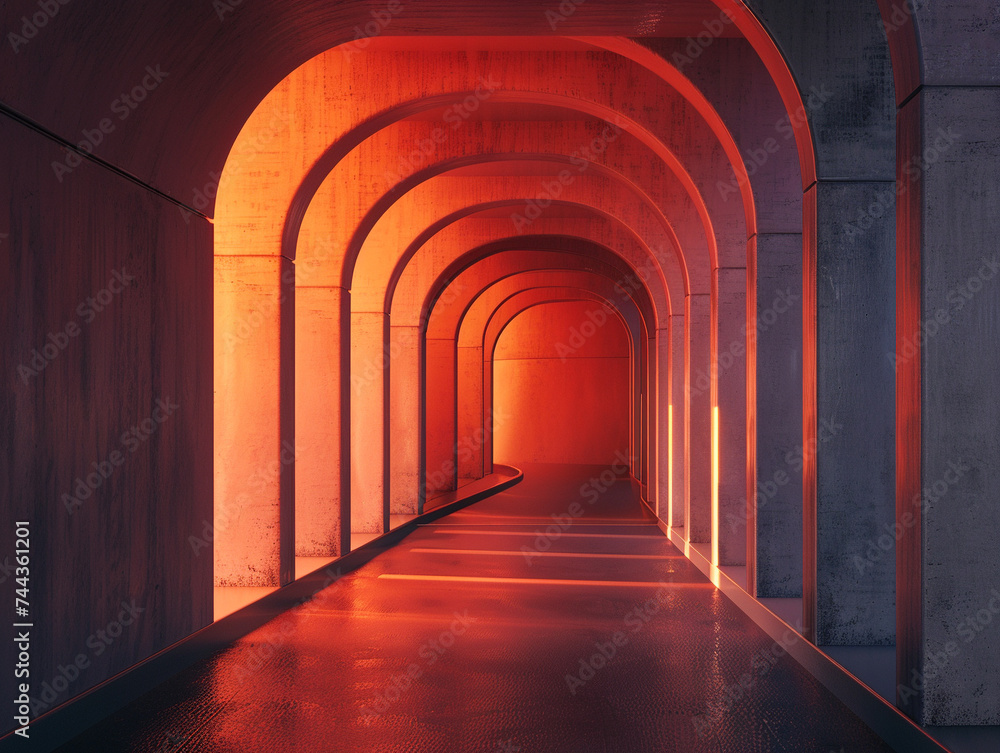 Poster 3d render of a tunnel with a minimalist aesthetic featuring a single bold line of color