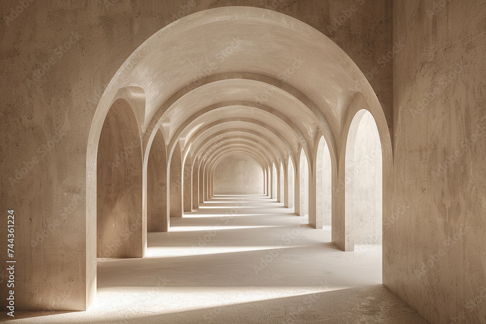 Poster 3d render of a tunnel with a series of minimalist arched openings along the sides