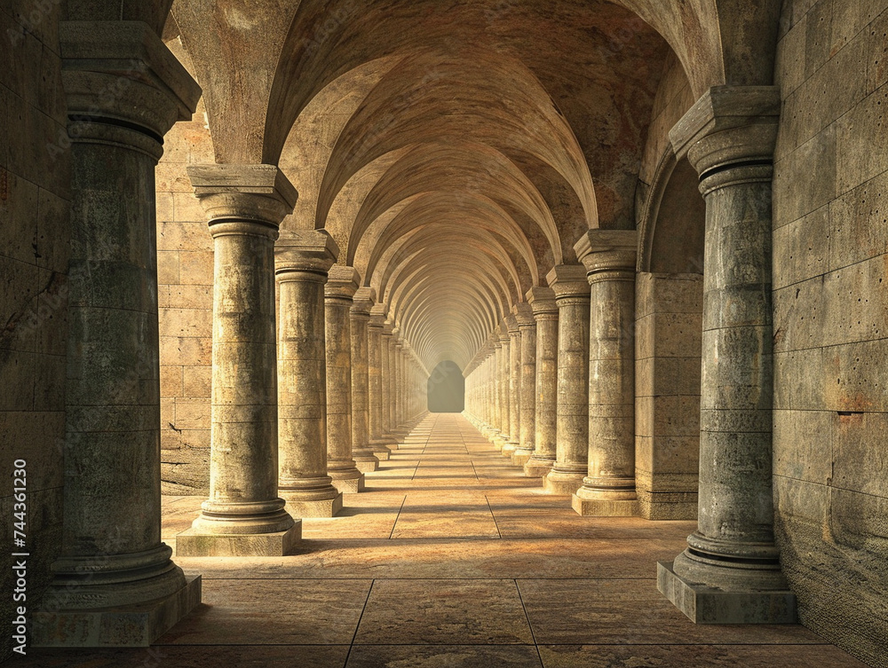 Poster 3d render of a tunnel with a series of simple elegant pillars diminishing in size