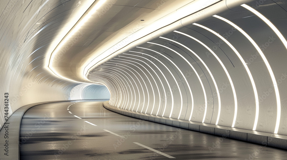 Poster 3d render of a tunnel with a sleek futuristic design and dynamic lighting