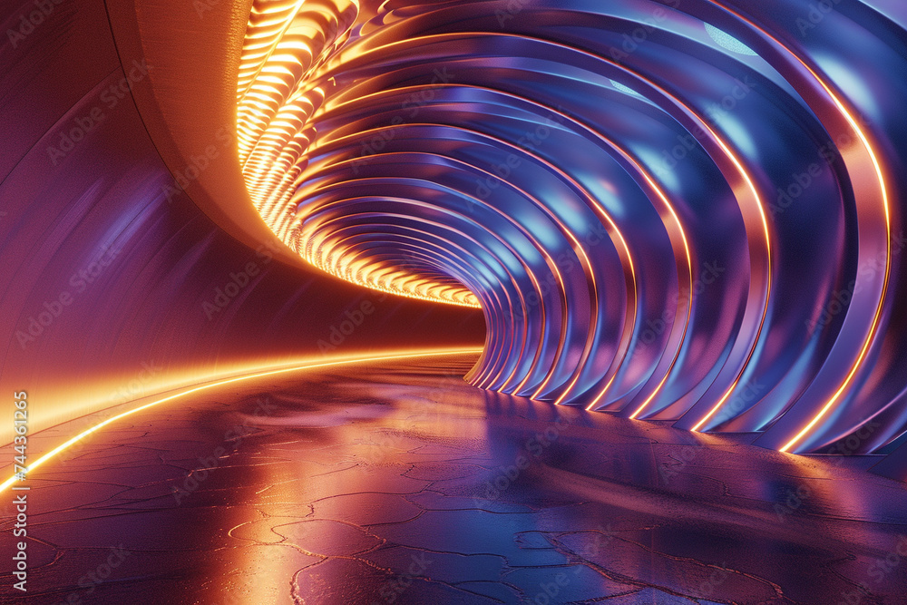Poster 3d render of a tunnel with a smooth wave like curvature and led strips