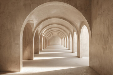 3d render of a tunnel with a series of minimalist arched openings along the sides