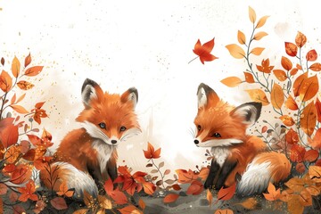 Fototapeta premium illustrations depicting charming foxes in a vibrant autumnal forest setting, evoking a sense of warmth and serenity. Watercolor