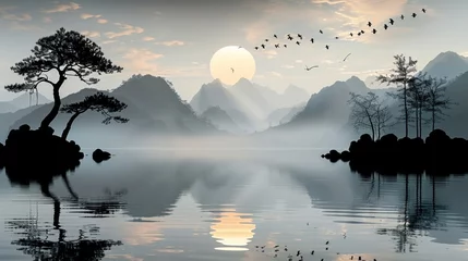  Painting style of chinese landscape, wallpaper vintage chinese landscape drawing of lake with birds trees and fog in black and white design for wallpaper. © haizah