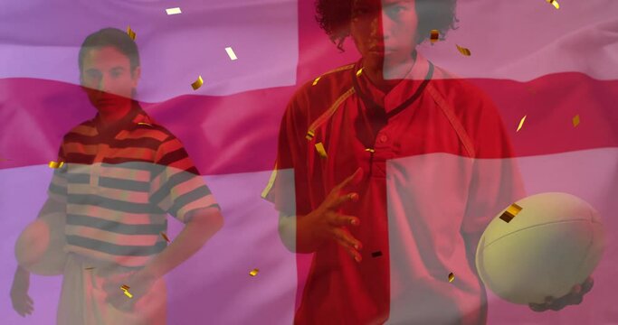 Animation of confetti and flag of england over diverse rugby players with ball
