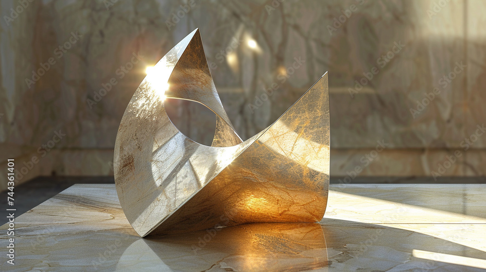 Poster 3d render of an abstract geometric sculpture that captures and bends light within
