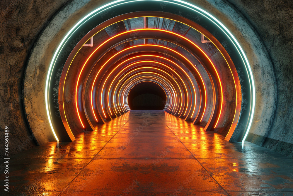 Aufkleber 3d render of an endless circular tunnel illuminated by a line of neon lights