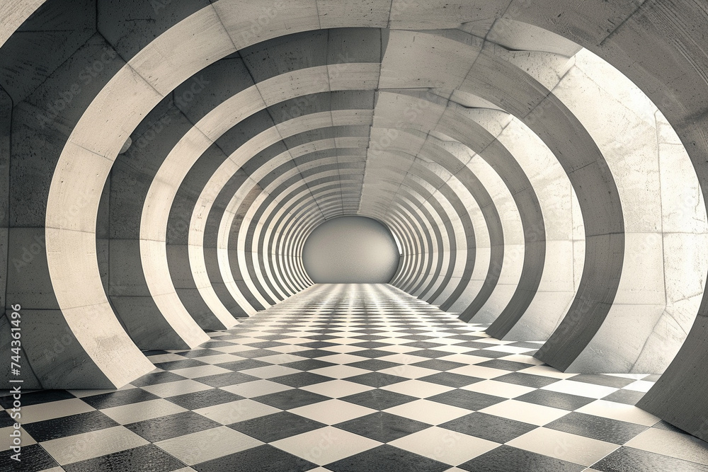 Poster 3d render of an endless tunnel with a monochromatic color scheme and geometric accents