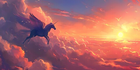 Majestic Pegasus horse flying high above the clouds. Flight of the Pegasus.