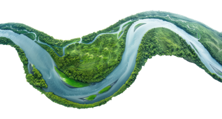Aerial view of the river flowing in the forest isolated on transparent background