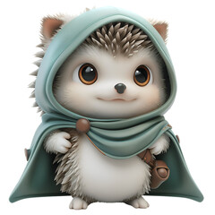 A 3D animated cartoon render of a hedgehog sidekick sporting a green cape.